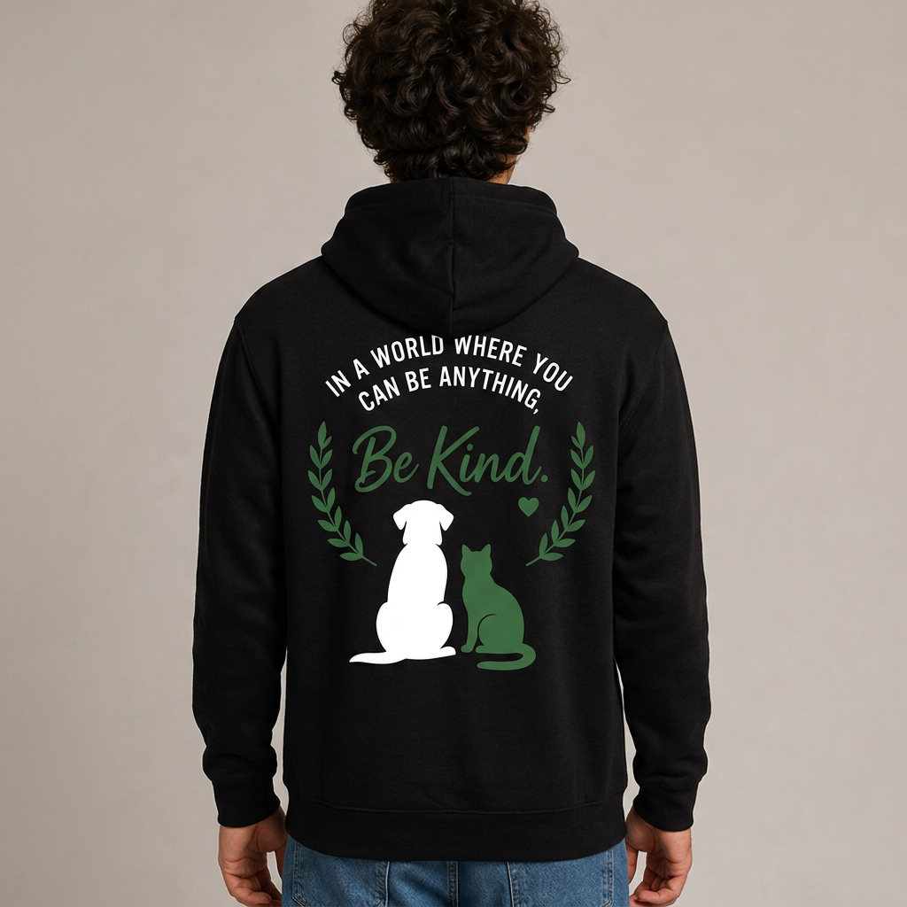 Model wearing the ThriveTogether black Be Kind hoodie — back view with full Be Kind print