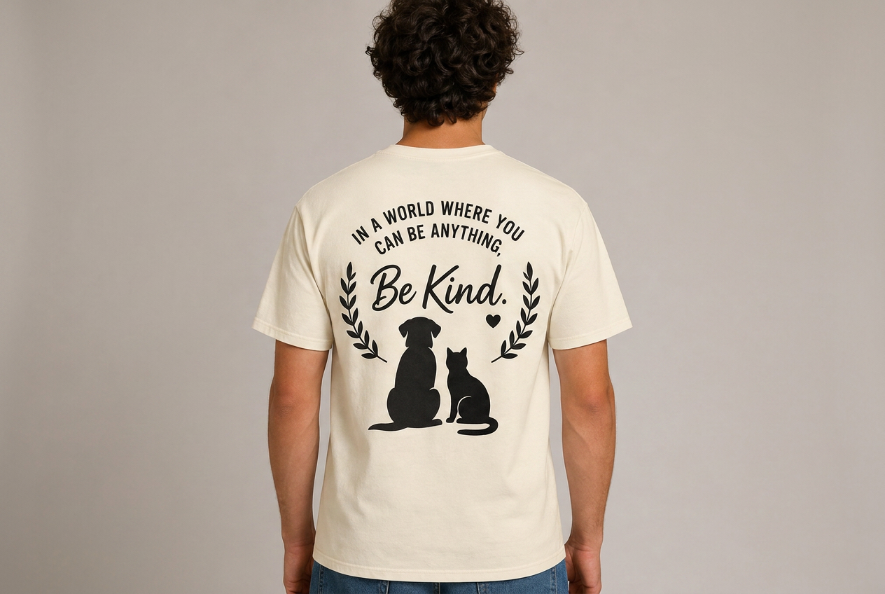 Model wearing the ThriveTogether "Be Kind" tee in natural — back view with full print