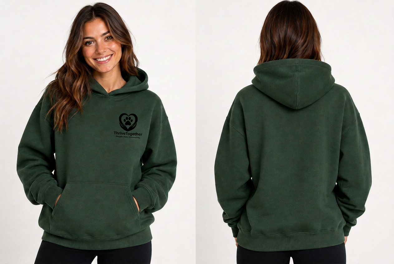 Model wearing the ThriveTogether forest green pullover hoodie — front and back split view
