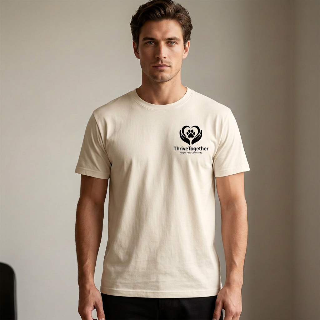 Model wearing the ThriveTogether "Be Kind" tee in natural — front view with chest logo