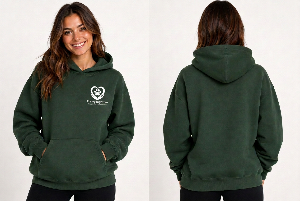 Model wearing the ThriveTogether forest green pullover hoodie — front and back split view