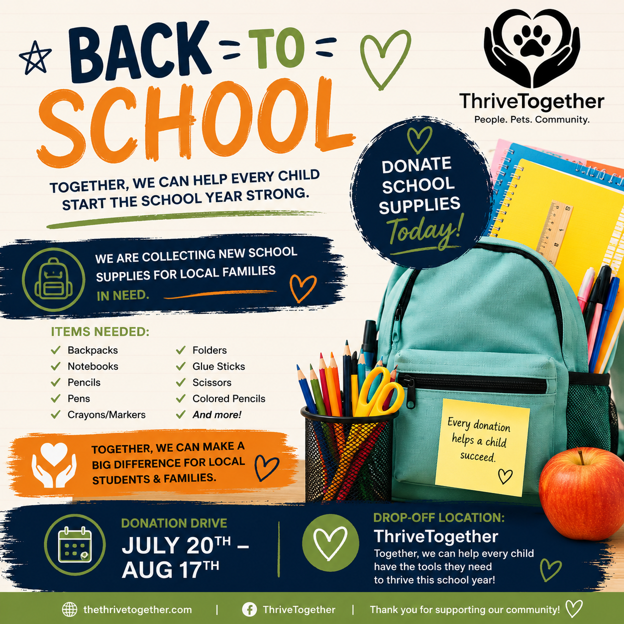ThriveTogether Back-to-School Donation Drive flyer: July 20 – August 17, 2026, collecting new school supplies for local families in Dayton.