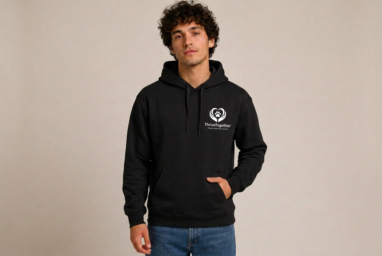 Model wearing the ThriveTogether black Be Kind hoodie — front view with chest logo