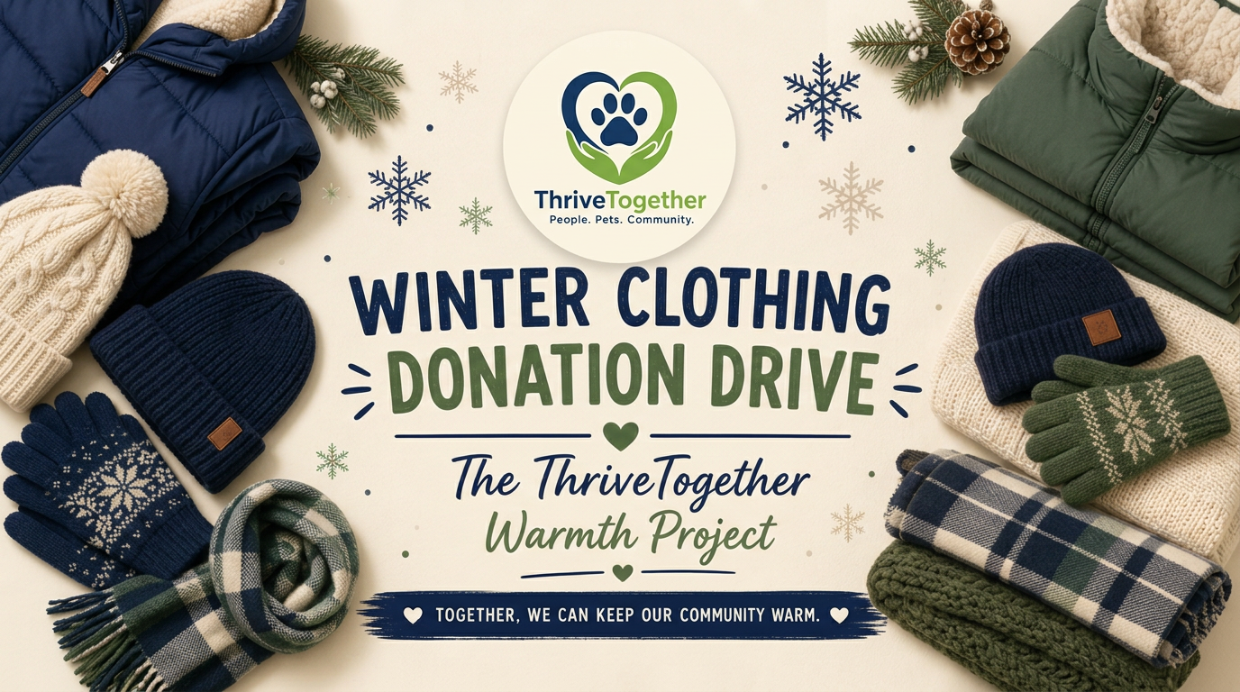 ThriveTogether Winter Clothing Donation Drive flyer: part of The ThriveTogether Warmth Project, collecting coats, hats, gloves, scarves, and warm clothing for Dayton-area families.